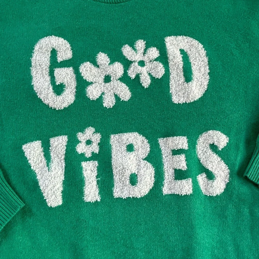 Pink Rose Good Vibes Knit Sweater Kelly green Graphic Oversized Slouchy retro S